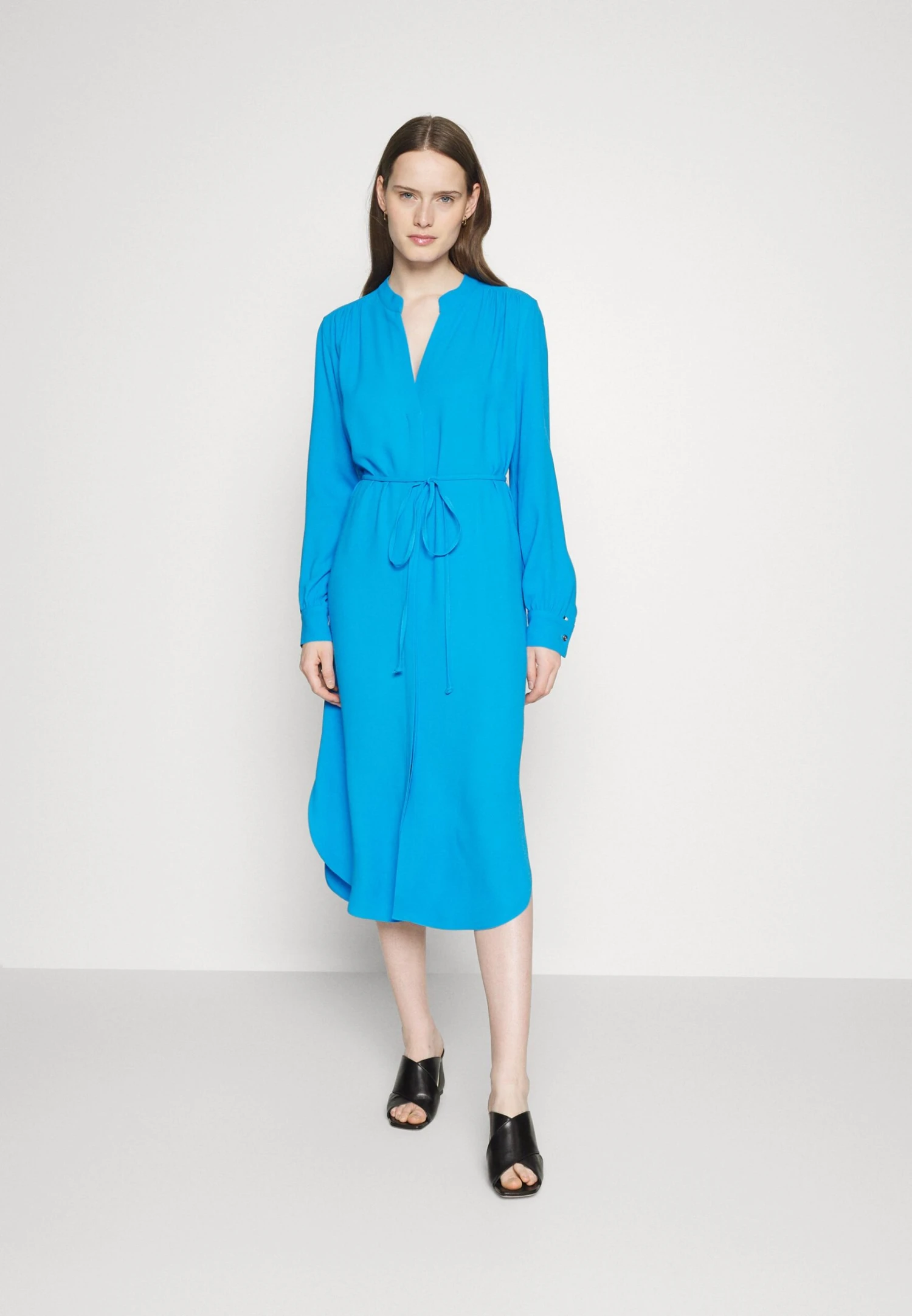 Boss Belted Shirt Dress With Collarless Styling And Button Cuffs - Vestido Informal - Bright Blue 3 Boss Belted Shirt Dress With Collarless Styling And Button Cuffs - Vestido Informal - Bright Blue