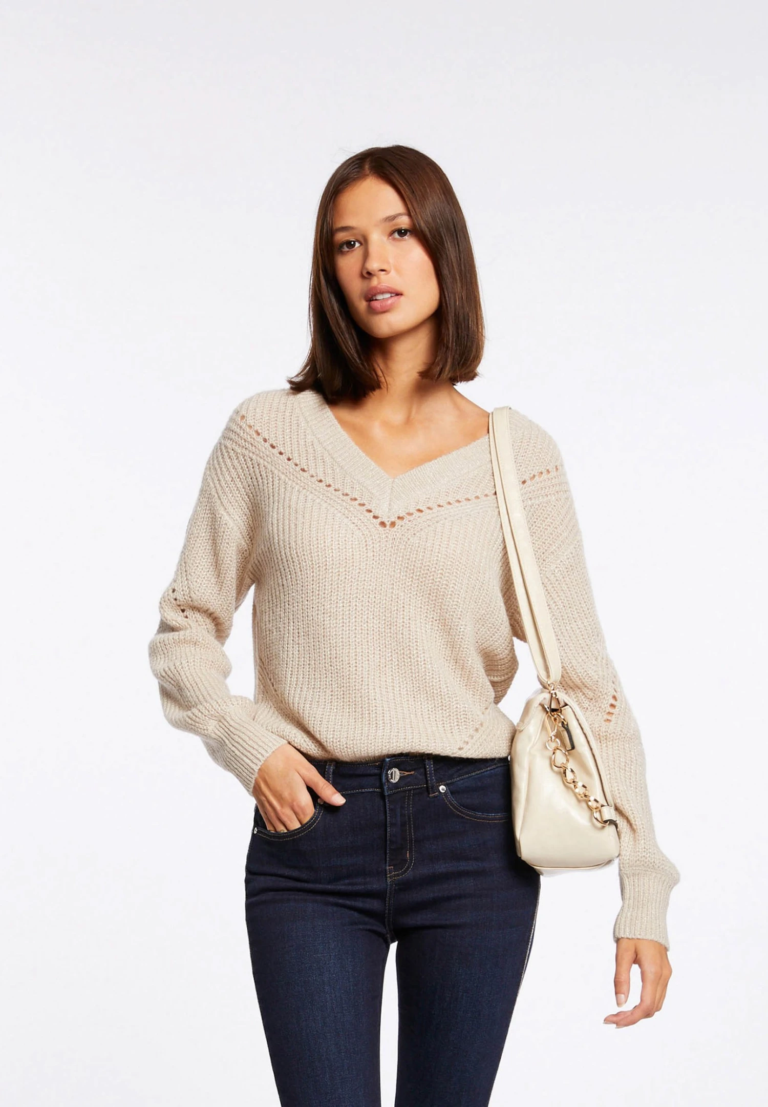 MORGAN Long Sleeved With V-Neck - Jersey De Punto - Beige 3 MORGAN Long Sleeved With V-Neck - Jersey De Punto - Beige